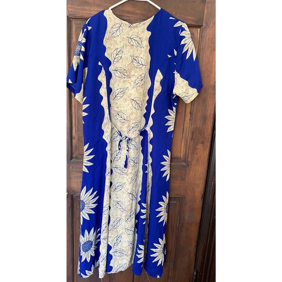 Island Style Large Rayon Dress Blue Yellow Short Sleeve Tie Back Rayon - Picture 6 of 7